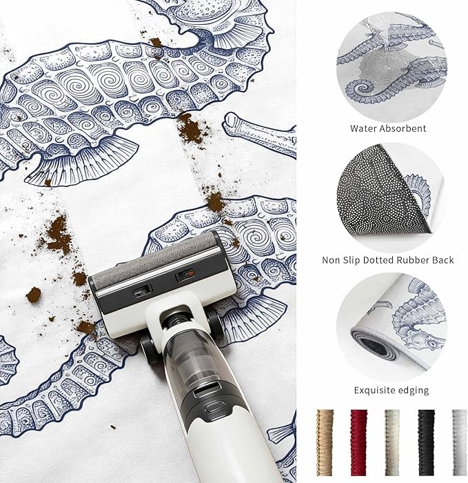 Washable Round Area Rug Summer Light Blue Seahorse Circle Rugs Floor Carpet for Living Room Bedroom, Underwater Ocean Animals Soft Non Slip Round Rug 5ft