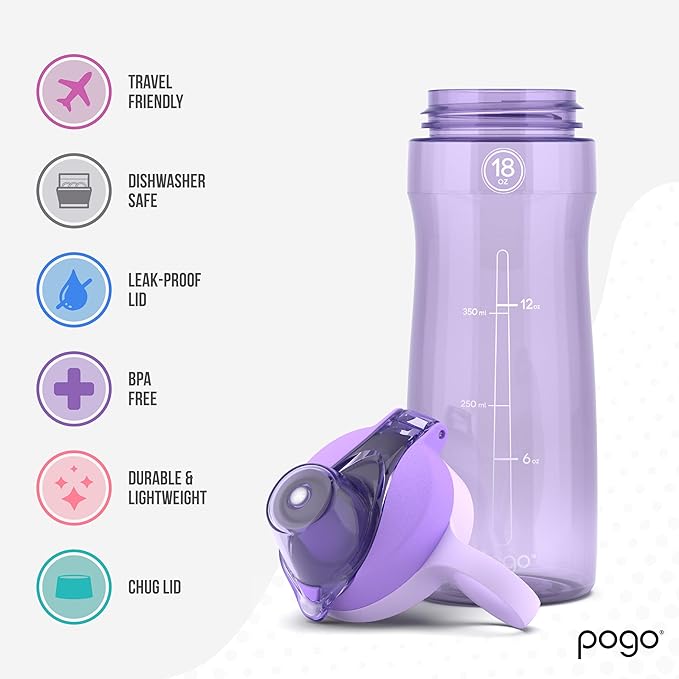 Pogo Plastic Water Bottle with Chug Lid and Carry Handle, Reusable, BPA Free, Dishwasher Safe, Perfect for Travel, School, Outdoors, and Gym | 18oz, 32oz, 40oz, 64oz