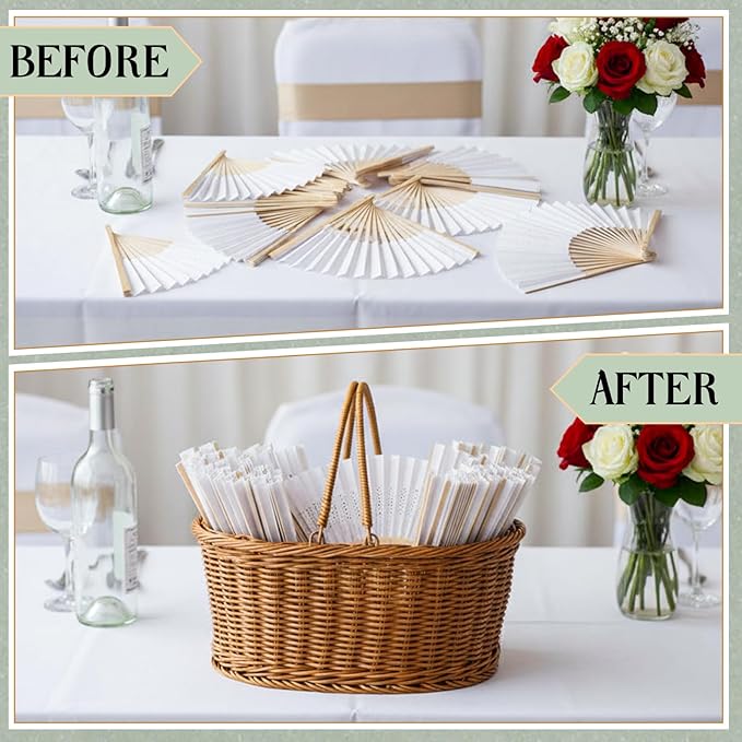 AceOrbit Wedding Fans Storage Basket with Handle " Love Can Be Hot Please Take a Fan" Table Sign Handwoven Natural Wicker Rattan Storage Basket for Organizing Bridal Shower Wedding Fans for Guests