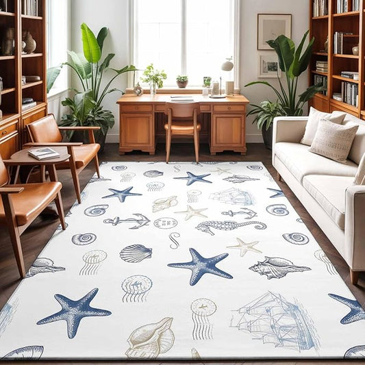 Area Rug 3x5ft, Ocean Starfish Seahorse Shell Conch Washable Rugs for Living Room Bedroom, Nautical Compass Anchor Soft Non-Slip Area Rugs Rectangle Floor Carpet for Dining Room