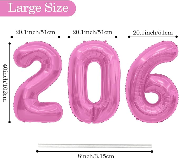 Pink 2026 Balloons, 2026 Number Balloons, 40 Inch Large Foil Graduation Balloon 2026 Numbers for Graduation Decorations Class of 2026, Props, Birthday, Anniversary, New Year Eve Party Decorations