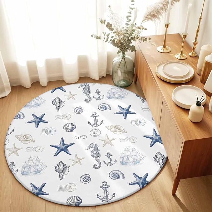 Washable Round Area Rug Ocean Starfish Seahorse Shell Conch Circle Rugs Floor Carpet for Living Room Bedroom, Nautical Compass Anchor Soft Non Slip Round Rug 5ft