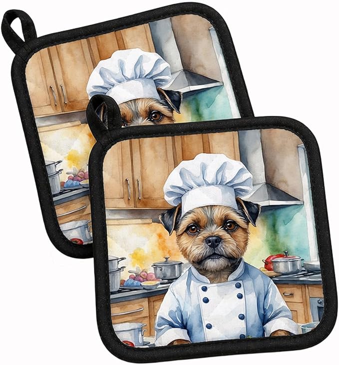 Caroline's Treasures Border Terrier The Chef Pair of Pot Holders Kitchen Heat Resistant Pot Holders Sets Oven Hot Pads for Cooking Baking BBQ, 7 1/2 x 7 1/2