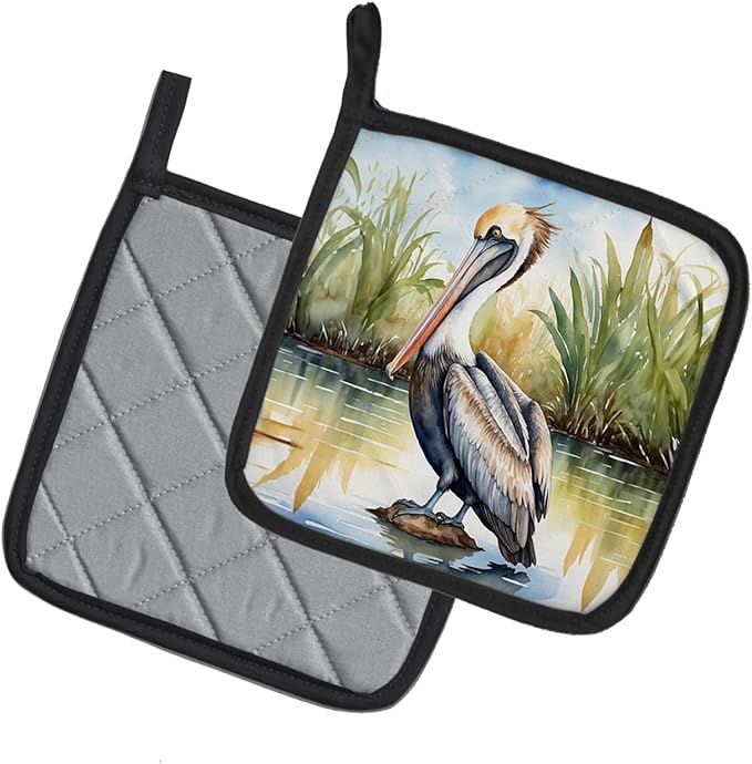 Caroline's Treasures Louisiana Brown Pelican Pair of Pot Holders Kitchen Heat Resistant Pot Holders Sets Oven Hot Pads for Cooking Baking BBQ, 7 1/2 x 7 1/2