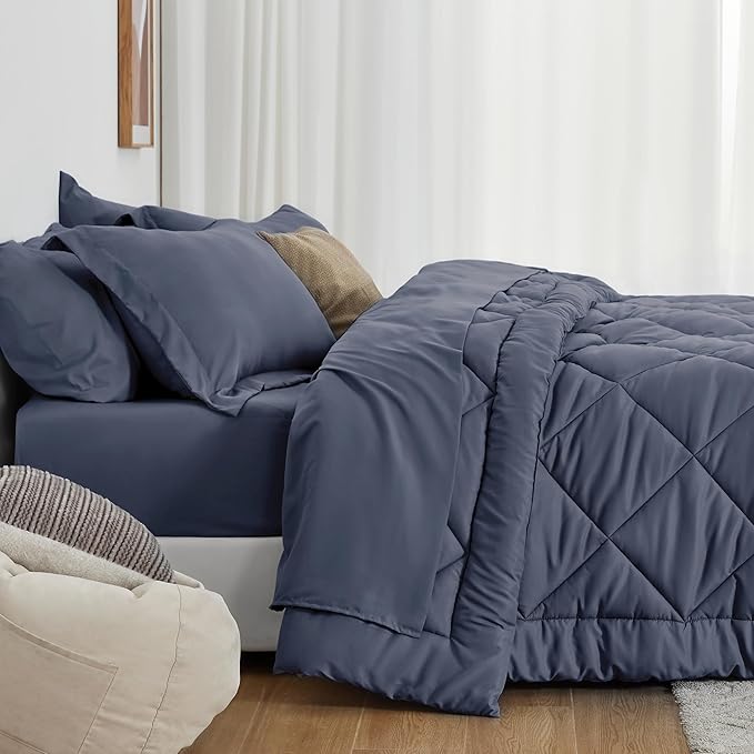 Love's cabin Full Comforter Set Navy Blue, 7 Pieces Full Bed in a Bag, All Season Bedding Sets with 1 Comforter, 1 Flat Sheet, 1 Fitted Sheet, 2 Pillowcase and 2 Pillow Sham | Soft, Breathable, Lightweight, Comfortable