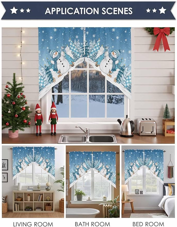 Christmas Snowman Swag Valance Curains Winter Xmas Tree Snowflakes Gradient Blue Rod Pocket Kitchen Curtains Scalloped Window Treatment Valances Swag for Living Room Bedroom, 1 Pair, 36"W x 45"L