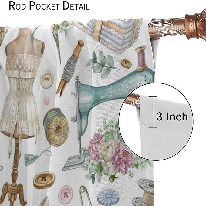 Sewing Theme Window Curtain,Vintage Sewing Machine Tool Watercolor Pattern Print Blackout Curtains for Bedroom Cafe Dining Room Office Living Room Kitchen Drapes, 63x72 in