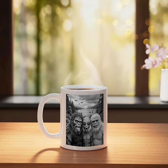 Bigfoot Alien Loch Ness Monster UFO Selfie Funny Cryptid Art Ceramic Mug, White