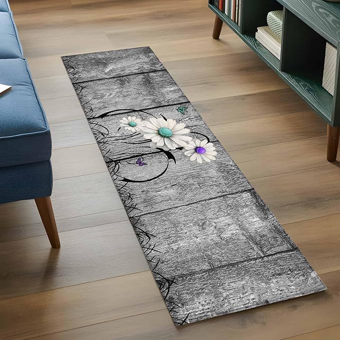 Runner Rug for Bedroom Hallway, Farm Daisy Shabby Wood Grain Kitchen Runner Rugs Area Rug 2x6ft, Vintage Flower Plant Butterfly Washable Soft Floor Carpet for Entryway Stair