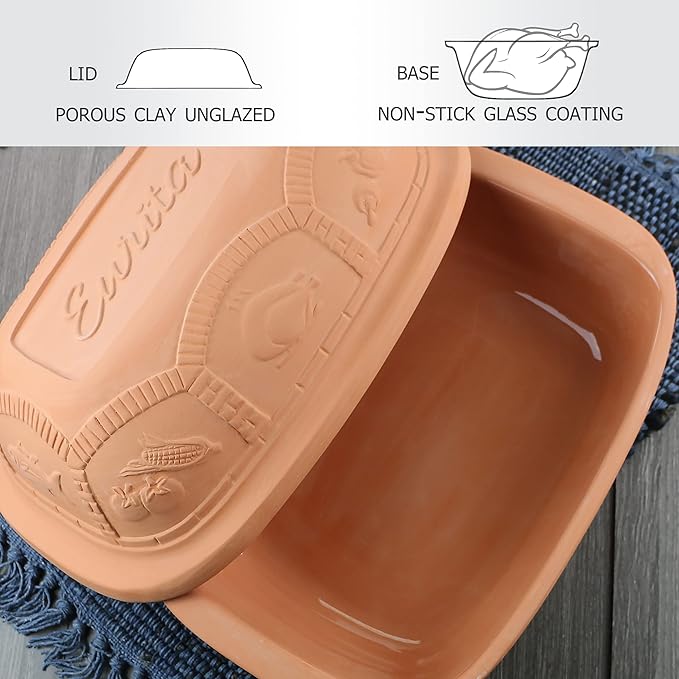 Eurita Clay Roaster, 4 Quart, 3.78 Litres, Non-Stick Earthenware, Toxin-Free, Healthy Clay Pot Cooking, Versatile Cooking Dutch Oven, Digital Recipe and Instructions Included