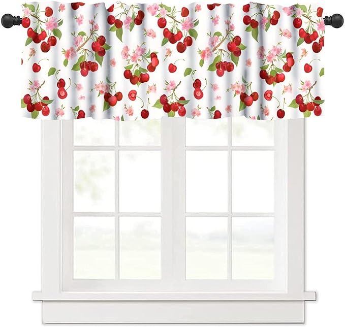 Cherry Floral Curtain Valance, Red Fruit Pink Flower Blossom Spring Decorative Short Window Treatment for Kitchen Dining Bedroom Living Room Home Decor, 54x18Inch