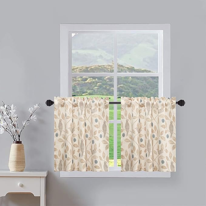 VOGOL Small Window Curtains, Cute Birds Print Short Half Curtains for Nursery Bathroom Cafe Door Head, 30 x 24, 2 Panels, Top Pocket
