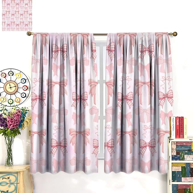 Bowknot Blackout Curtain,Kids Girls Cute Pink Bow Ties Print Window Treatment Curtains Dining Room Living Room Kitchen Cafe Bedroom Office Nursery Drapes,72x63 in