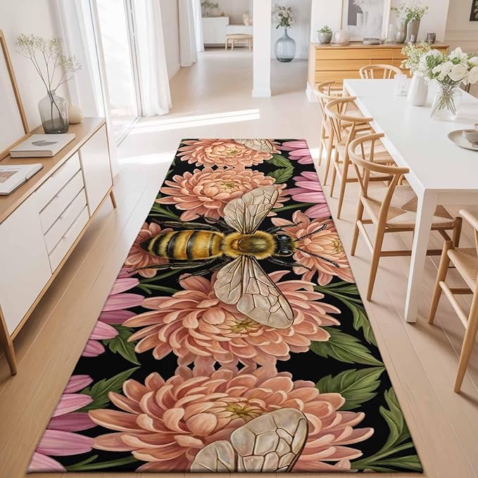 Runner Rug for Bedroom Hallway, Vintage Honey Gold Bee Pink Flowers Kitchen Runner Rugs Area Rug 2x6ft, Sage Green Leaves Washable Soft Floor Carpet for Entryway Stair