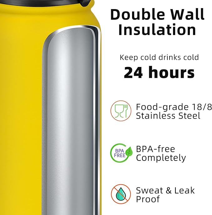 Fanhaw 20 oz Insulated Stainless Steel Water Bottle with Straw Lid, Leakproof & Anti-Dust Sports Bottle for Kids, Women & Men (Yellow)