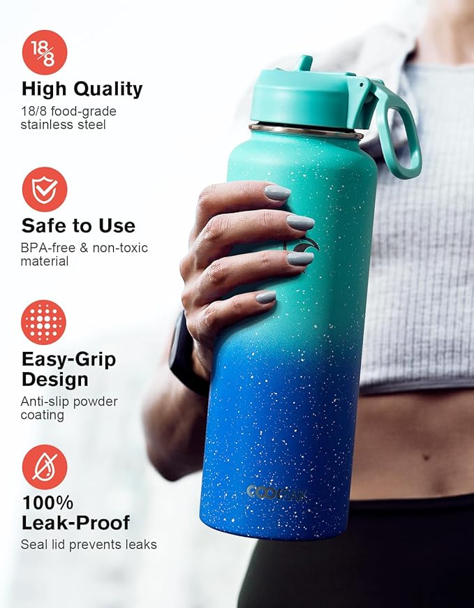 Coolflask Water Bottle 40 oz Insulated with Straw, Stainless Steel Metal 3 Lids Water Flask for Sports or Office, Keep Cold 48H Hot 24H, Glacier Blue