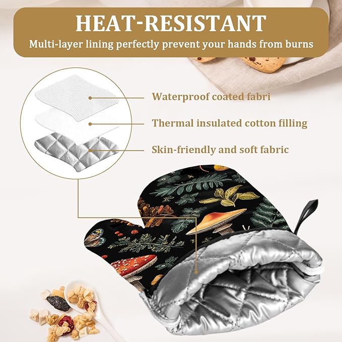 Black Mushroom Snail Oven Mitts and Pot Holders Sets 4Pcs Cute Plants Silicone Kitchen Gloves Heat Resistant Potholders for Baking Cooking Grilling BBQ