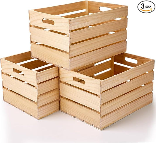 Weysat 3 Pack Large Wood Crates Box for Storage 24 x 15 x 12 inch Unassembled Wooden Milk Crates with Handle Decorative Nesting Box for Display Rustic Decor DIY Office Home Retail Art Craft (Wood)