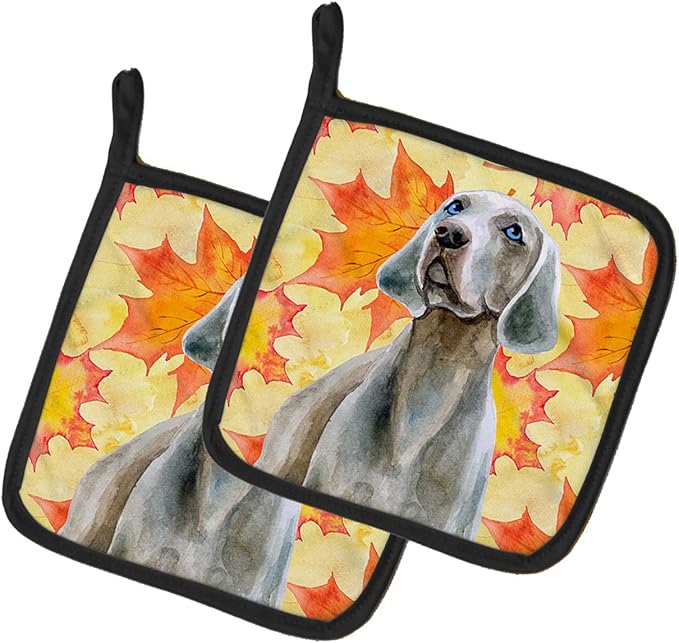 Caroline's Treasures BB9935PTHD Weimaraner Fall Pair of Pot Holders, Yellow Kitchen Heat Resistant Pot Holders Sets Oven Hot Pads for Cooking Baking BBQ, 7 1/2 x 7 1/2