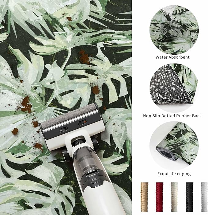 Washable Round Area Rug Abstract Dark Green Palm Leaves Circle Rugs Floor Carpet for Living Room Bedroom, Watercolor Plants Soft Non Slip Round Rug 3ft