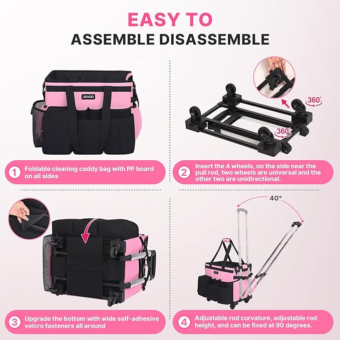 JKAOO Large Rolling Cleaning Caddy Bag with Detachable Trolley, Waterproof Cleaning Caddy on Wheels for Housekeepers, Cleaning Cart Supplies Organizer for Home,Car,Office,Picnic (Pink) (in Patent)