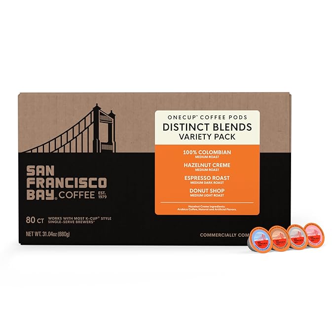 San Francisco Bay K-Cup Coffee Pods Distinct Assortment Variety Pack (80 ct), Includes 100% Colombian, Espresso Roast, Donut Shop, & Hazelnut Crème, Commercially Compostable Single-Serve Coffee Pods