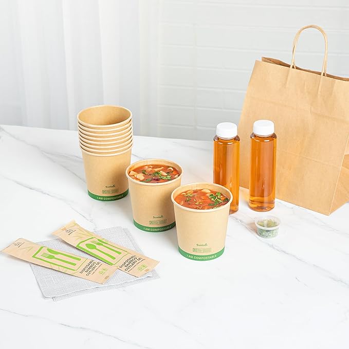 Restaurantware Paper Soup Containers 200 Pack Of 24 oz Disposable Kraft To Go Hot Soup Serving Bowls BPI-Certified Compostable Leakproof Stackable Food Containers For Noodles, Pasta And Desserts