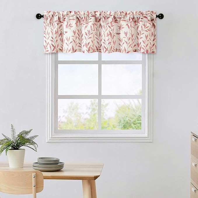 Leeva Valances for Kitchen Windows - Farmhouse Leaves Print Rod Pocket Window Treatment for Door Head & Living Room, 52 x 12, Red, One Panel