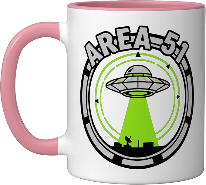 Area 51 UFO Alien Conspiracy Flying Saucer Design Ceramic Mug, Pink/White