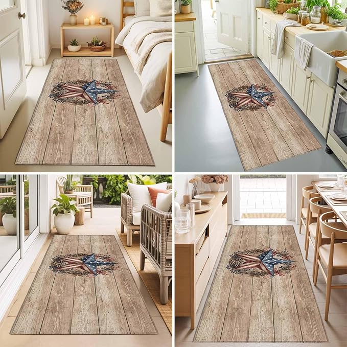 Runner Rug for Bedroom Hallway, Independence Day USA Flag Star Kitchen Runner Rugs Area Rug 2x6ft, Farm Wood Background Washable Soft Floor Carpet for Entryway Stair