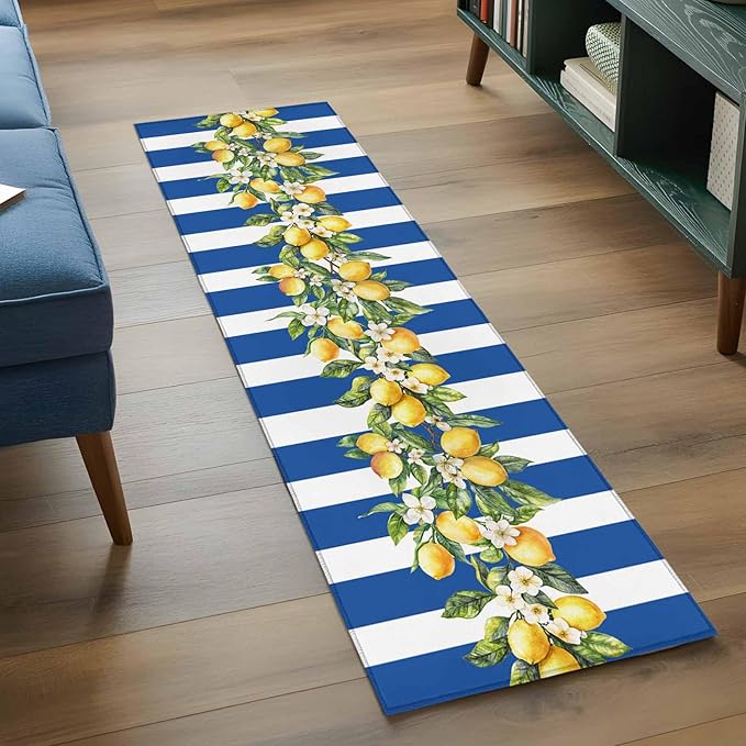 Runner Rug for Bedroom Hallway, Summer Lemon Green Leaves Watercolor Kitchen Runner Rugs Area Rug 2x6ft, Blue Stripe Washable Soft Floor Carpet for Entryway Stair