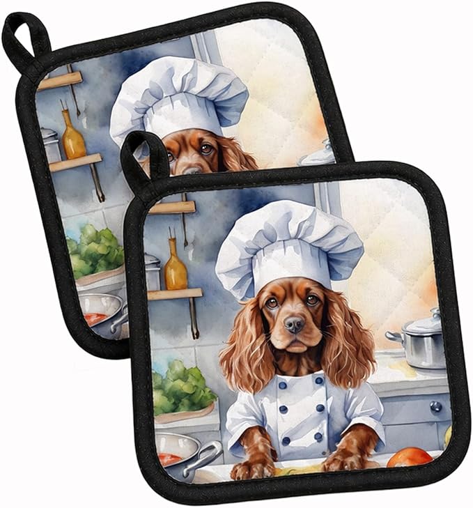 Caroline's Treasures Cocker Spaniel The Chef Pair of Pot Holders Kitchen Heat Resistant Pot Holders Sets Oven Hot Pads for Cooking Baking BBQ, 7 1/2 x 7 1/2