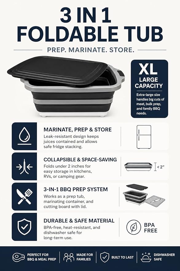 NCA - 5 piece BBQ Prep Tub, BBQ Blanket, Heat Resistant Grill Gloves (1472°F), Meat Claws | 21" Meat Resting Bag, Insulated Triple Layer | Foldable Cutting Board, Drain Plug | 2 pcs Chicken Shredder
