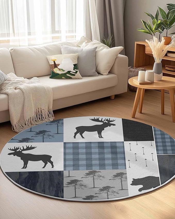 Round Area Rug,Elk Bear Jungle Animal Shadow Circle Living Room Rug Non-Slip Rugs Indoor Carpet,Retro Blue Plaid Soft Comfort Rugs for Bedroom KidsRoom Nursery