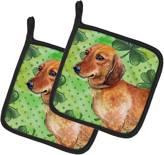 Caroline's Treasures BB9826PTHD Dachshund St Patrick's Pair of Pot Holders, Green Kitchen Heat Resistant Pot Holders Sets Oven Hot Pads for Cooking Baking BBQ, 7 1/2 x 7 1/2