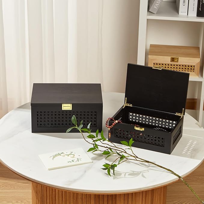 Decorative Rattan Storage Boxes Solid Wood Woven Baskets Bins with Lid Keepsake Memory Jewelry Box Natural Boho Shelf Wicker Closet Desk Organizer Container (Black, Small Size)