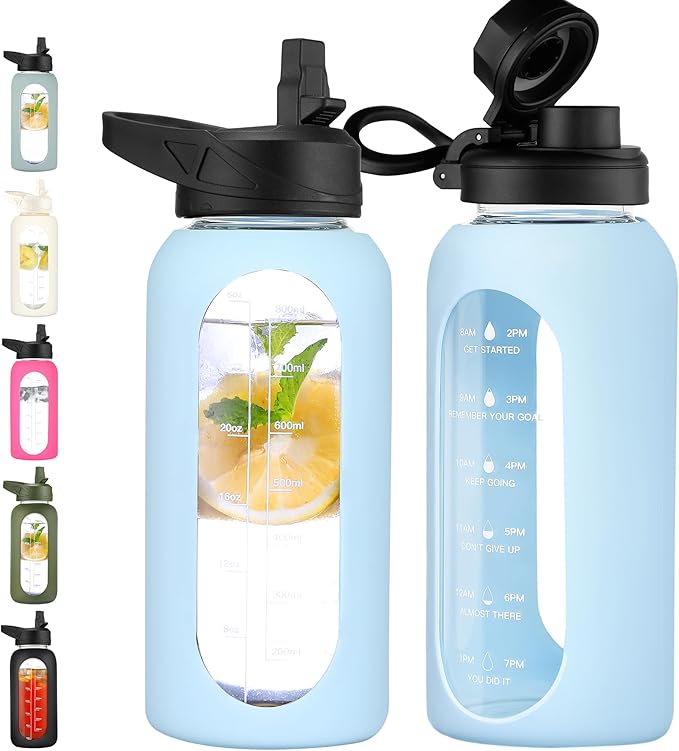 CIVAGO 32 oz Glass Water Bottle with Straw and Handle, Large Sports Motivational Water Bottle Flask with Time Marker, Leakproof Water Jug Canteen with Silicone Sleeve for Gym, Light Blue