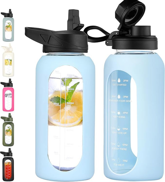 CIVAGO 32 oz Glass Water Bottle with Straw and Handle, Large Sports Motivational Water Bottle Flask with Time Marker, Leakproof Water Jug Canteen with Silicone Sleeve for Gym, Light Blue