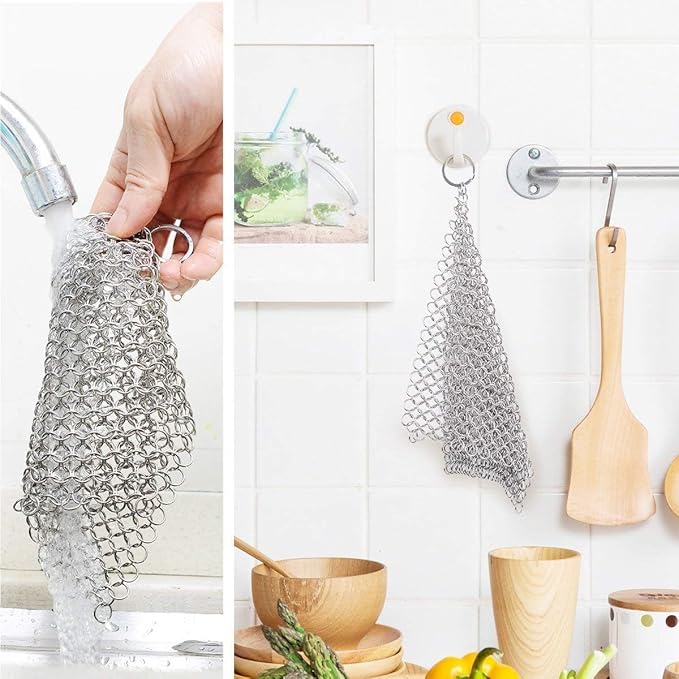 8"x6" Cast Iron Scrubber Stainless Steel Chainmail Cleaner for Pre-Seasoned Pans, Griddles, BBQ Grill and Pot Cookware Cleaning
