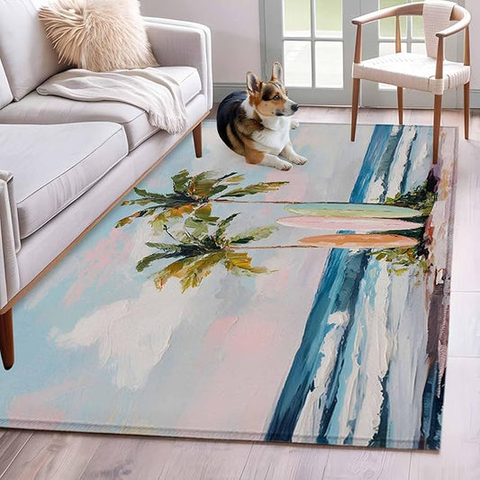 Area Rug 4x6ft, Summer Blue Ocean Surfboard Washable Rugs for Living Room Bedroom, Tropical Plant Palm Tree Soft Non-Slip Area Rugs Rectangle Floor Carpet for Dining Room