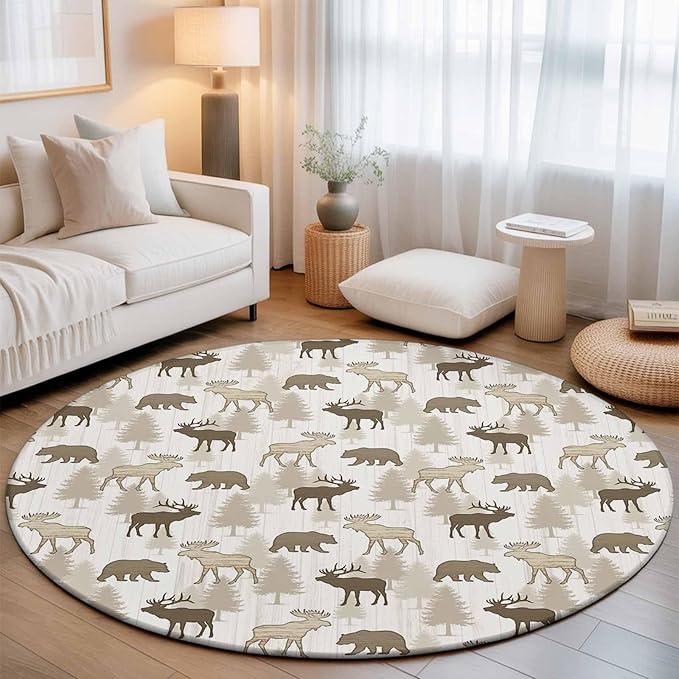 Washable Round Area Rug Animal Moose Bears Circle Rugs Floor Carpet for Living Room Bedroom, Retro Rustic Pine Trees Soft Non Slip Round Rug 3ft