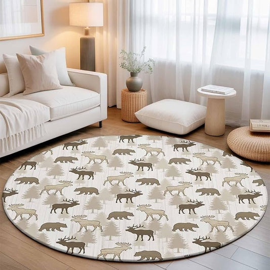 Washable Round Area Rug Animal Moose Bears Circle Rugs Floor Carpet for Living Room Bedroom, Retro Rustic Pine Trees Soft Non Slip Round Rug 3ft