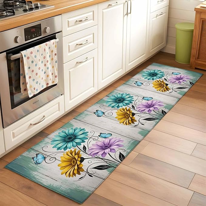 Runner Rug for Bedroom Hallway, Farm Flower Daisy Retro Wood Barn Kitchen Runner Rugs Area Rug 2x6ft, Blossom Flower Butterfly Washable Soft Floor Carpet for Entryway Stair