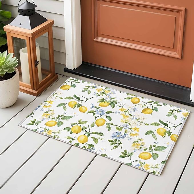 Area Rug 2x3ft, Summer Watercolor Lemon Flower Washable Rugs for Living Room Bedroom, Spring Farm Fruit Green Leaf Soft Non-Slip Area Rugs Rectangle Floor Carpet for Dining Room
