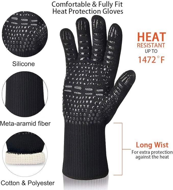 BBQ Grill Gloves, 1472°F Extreme Heat Resistant Grilling Gloves Non-Slip Oven Mitts Potholder, Perfect for Barbecue, Cooking, Baking, 2Pairs (Blue+Black)(13" Length)