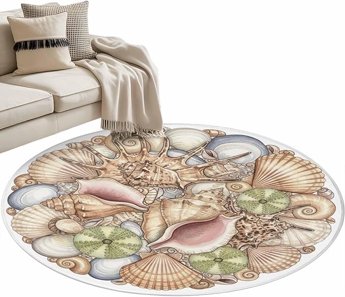 Washable Round Area Rug Coastal Colorful Shell Conch Circle Rugs Floor Carpet for Living Room Bedroom, Modern Abstract Art Soft Non Slip Round Rug 4ft
