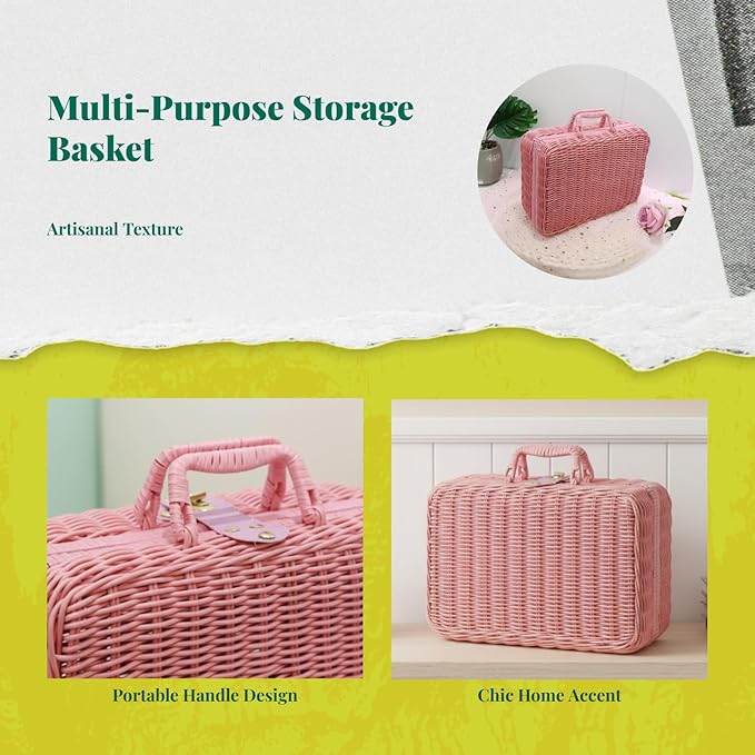 Handwoven Rattan Storage Basket with Handles, Vintage Decorative Suitcase Box for Gift Packaging, Home Organization, Photography Prop, Multipurpose Large Capacity