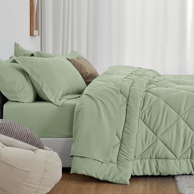 Love's cabin Twin XL Comforter Set Sage, 5 Pieces Twin XL Bed in a Bag, All Season Bedding Sets with 1 Comforter, 1 Flat Sheet, 1 Fitted Sheet, 1 Pillowcase and 1 Pillow Sham | Soft, Breathable, Lightweight, Comfortable