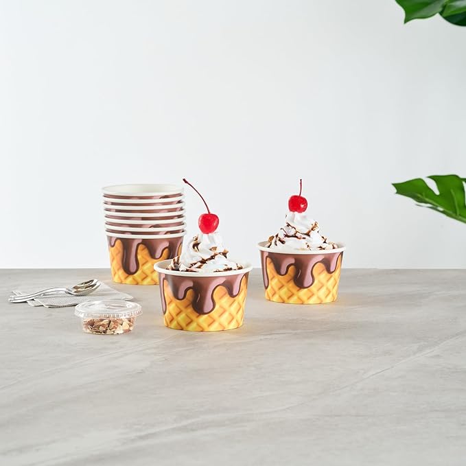 Restaurantware Ice Cream Cups 50 Pack of 8 oz Leak-Resistant Disposable Dessert Bowl Frozen Yogurt Cup Round Paper Container For Cold And Hot Desserts