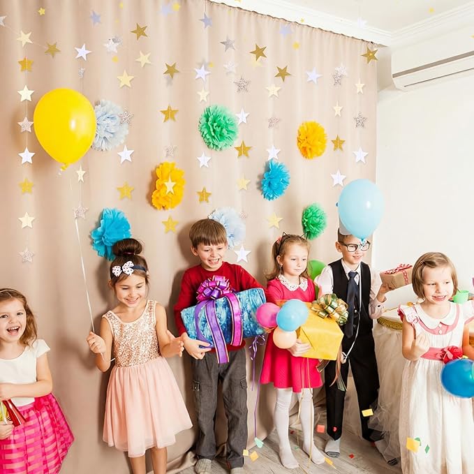 Patelai 130 Feet Glitter Star Garland Banner 2026 Party Decoration Double Side Star Hanging String Streamer Paper Twinkle for Graduation Wedding Birthday (Glitter Gold and Champagne Gold,White)